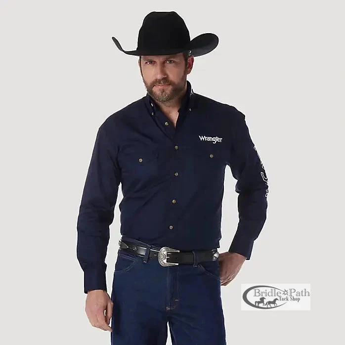WRANGLER MENS LOGO BUTTON DOWN SHIRT - NAVY 3 WRANGLER MENS LOGO BUTTON DOWN SHIRT - NAVY