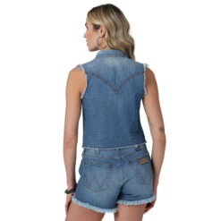 Wrangler Women's Sleeveless Frayed Denim Crop Shirt In Denim -Wrangler Store P2665850 3 61060.1681827059