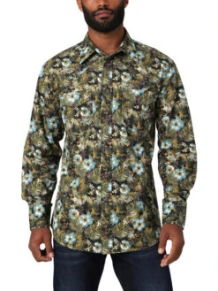 Wrangler Men's Long Sleeve Hawaiian Floral Snap Up In Olive Green