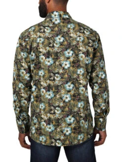 Wrangler Men's Long Sleeve Hawaiian Floral Snap Up In Olive Green -Wrangler Store P2734300 3 98933.1682368332