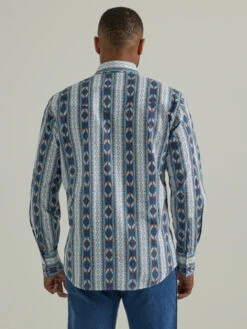 Wrangler Mens Checotah Blue Cinnamon And White Aztec Stripes Long Sleeve Western Shirt