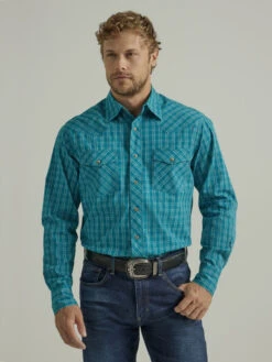 Wrangler Mens Long Sleeve 20X Two Pocket Teal Plaid Shirt