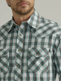 Wrangler Mens Long Sleeve 20X Snap Down Brown And Teal Plaid Shirt -Wrangler Store P2734945 3 71466.1686753443