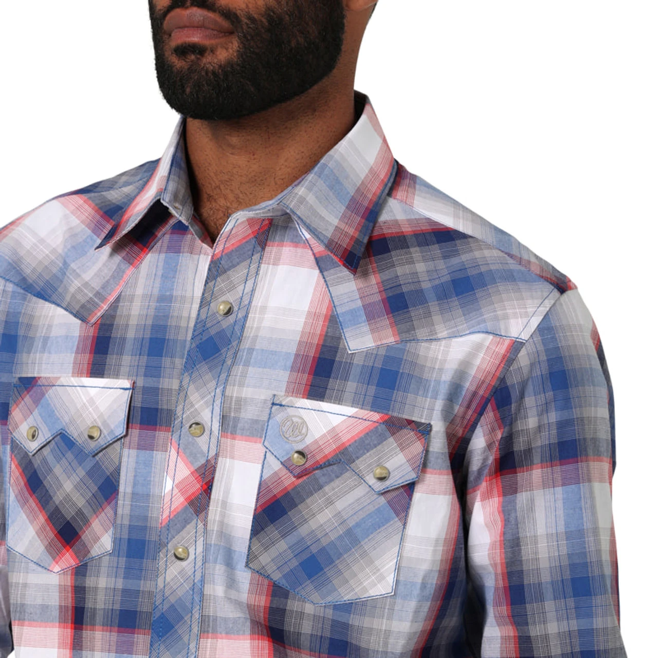 Wrangler Men's Retro Long Sleeve Sawtooth Snap Pocket Western Shirt In Red And Blue 4 Wrangler Men's Retro Long Sleeve Sawtooth Snap Pocket Western Shirt In Red And Blue - Image 2