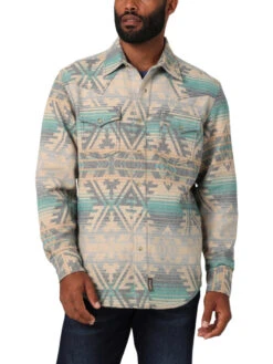 Wrangler Men's Retro Premium Long Sleeve Western Snap Aztec Print In Teal