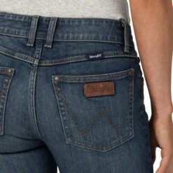Wrangler Women's Mae Mid Rise Trouser Dark Wash Jeans With Tan Embroidered "W" -Wrangler Store P2737040 6 85676.1688062350