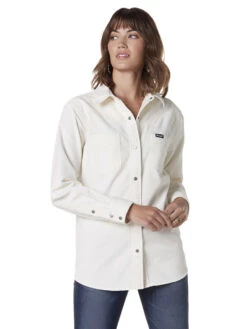 Wrangler Women's Long Sleeve Corduroy Snap Western Overshirt In White