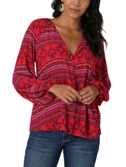 Wrangler Women's Long Sleeve Button Up Blouse In Red Multi Print