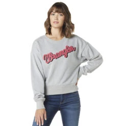 Wrangler Women's Long Sleeve Logo Sweatshirt In Gray With Pink Wrangler Logo
