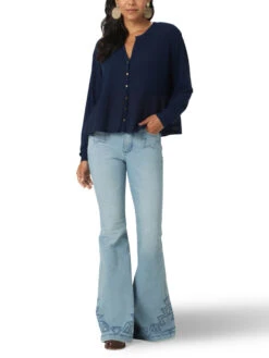 Wrangler Women's Long Sleeve Split Neck Top In Navy Blue -Wrangler Store P2737645 3 00588.1682368489