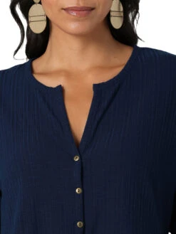 Wrangler Women's Long Sleeve Split Neck Top In Navy Blue -Wrangler Store P2737645 5 94569.1682368490