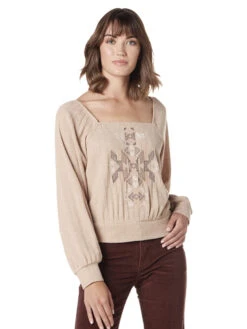Wrangler Ladies Long Sleeve Tan Square Neck Top