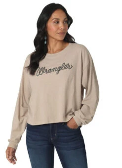Wrangler Wangler Ladies Tan Boyfriend Cropped Long Sleeve Tee