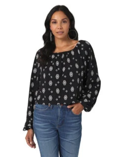 Wrangler Ladies Black Square Neck Long Sleeve Shirt