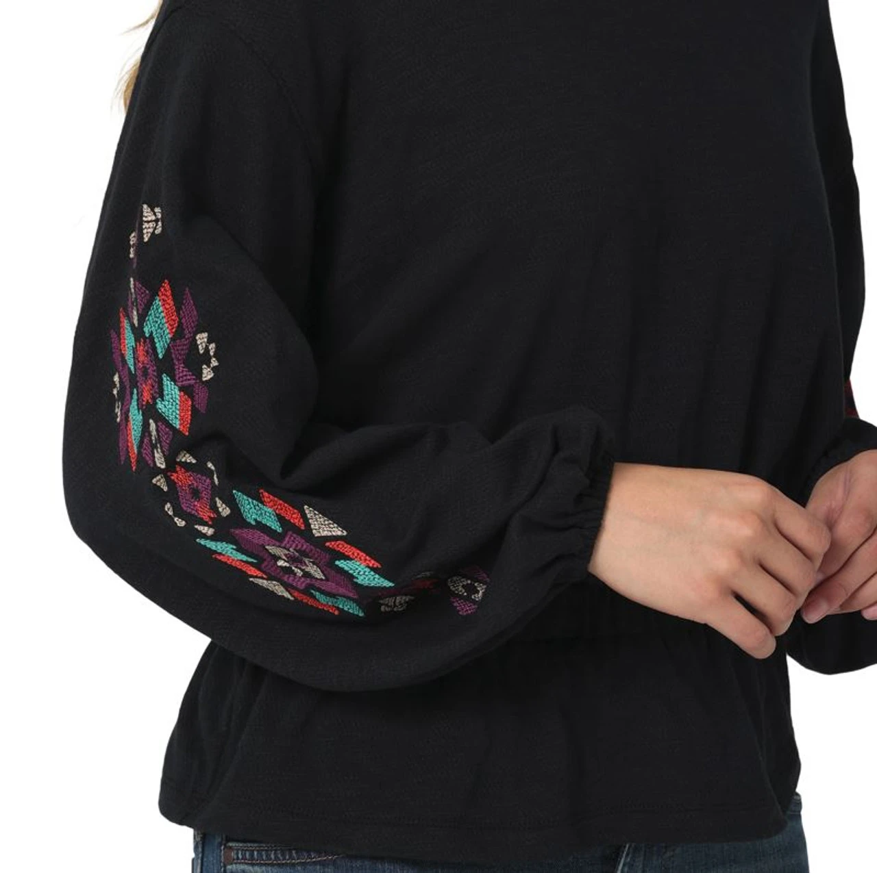 Wrangler Ladies Black Gathered Waist Embroidered Long Sleeve Shirt 5 Wrangler Ladies Black Gathered Waist Embroidered Long Sleeve Shirt - Image 3