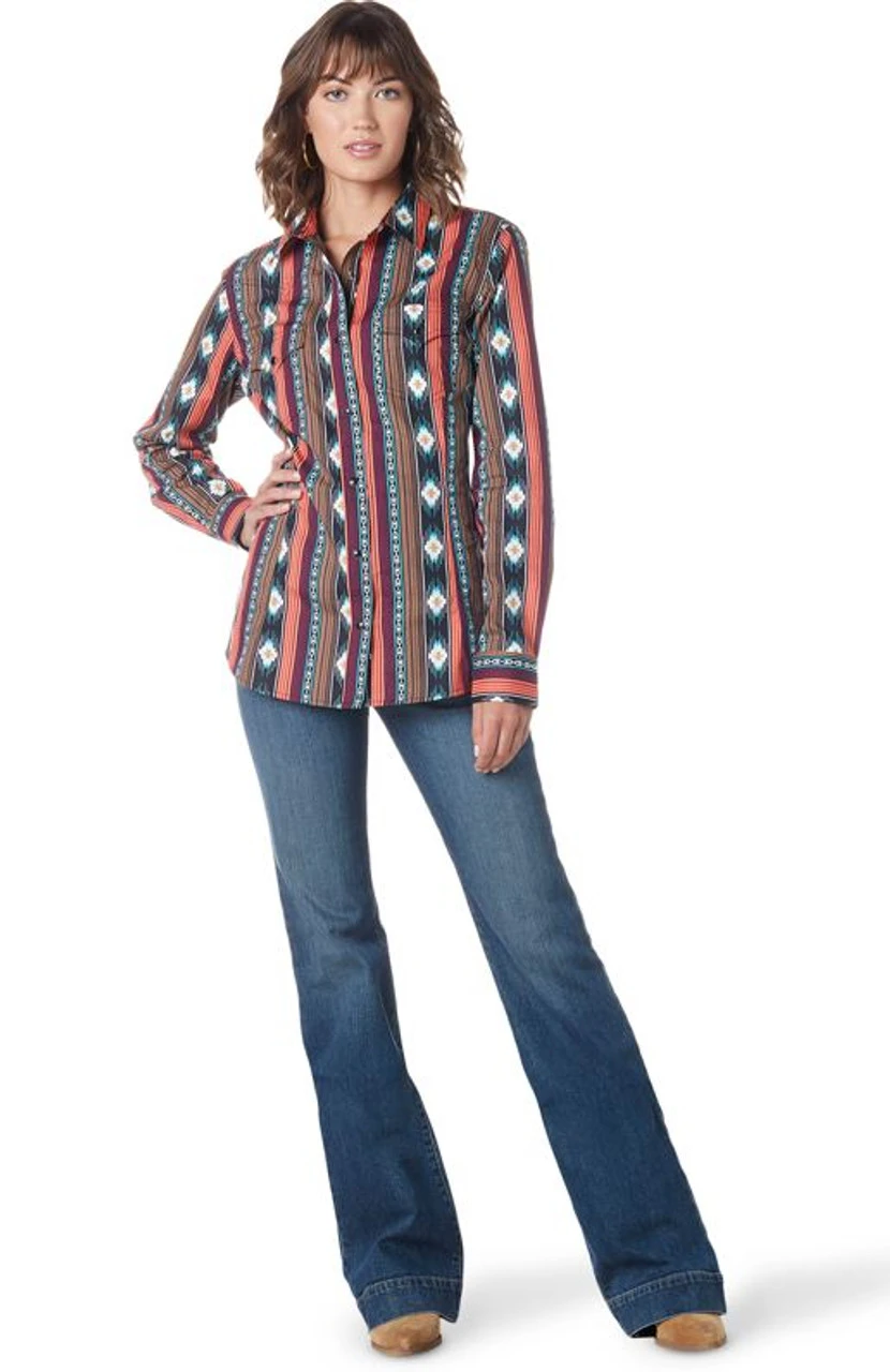 Wrangler Ladies Checotah Stripe Retro Stripe Long Sleeve Shirt 6 Wrangler Ladies Checotah Stripe Retro Stripe Long Sleeve Shirt - Image 4