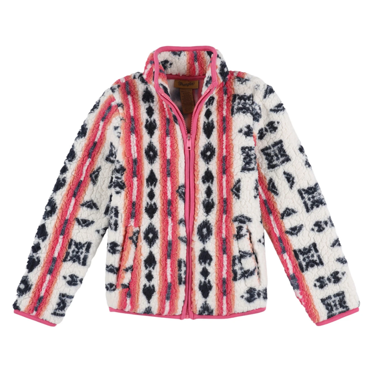Wrangler Girl's Sherpa Zip Up Jacket In White Andn Pink With Black Aztec Print 3 Wrangler Girl's Sherpa Zip Up Jacket In White Andn Pink With Black Aztec Print