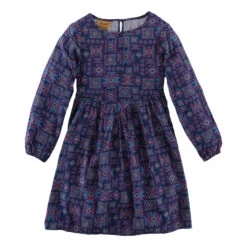 Wrangler Girl's Round Neck Multi Blue Aztec Print Long Bubble Sleeve Flared Dress