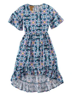 Wrangler Girl's Short Sleeve Dress In Teal Aztec Print