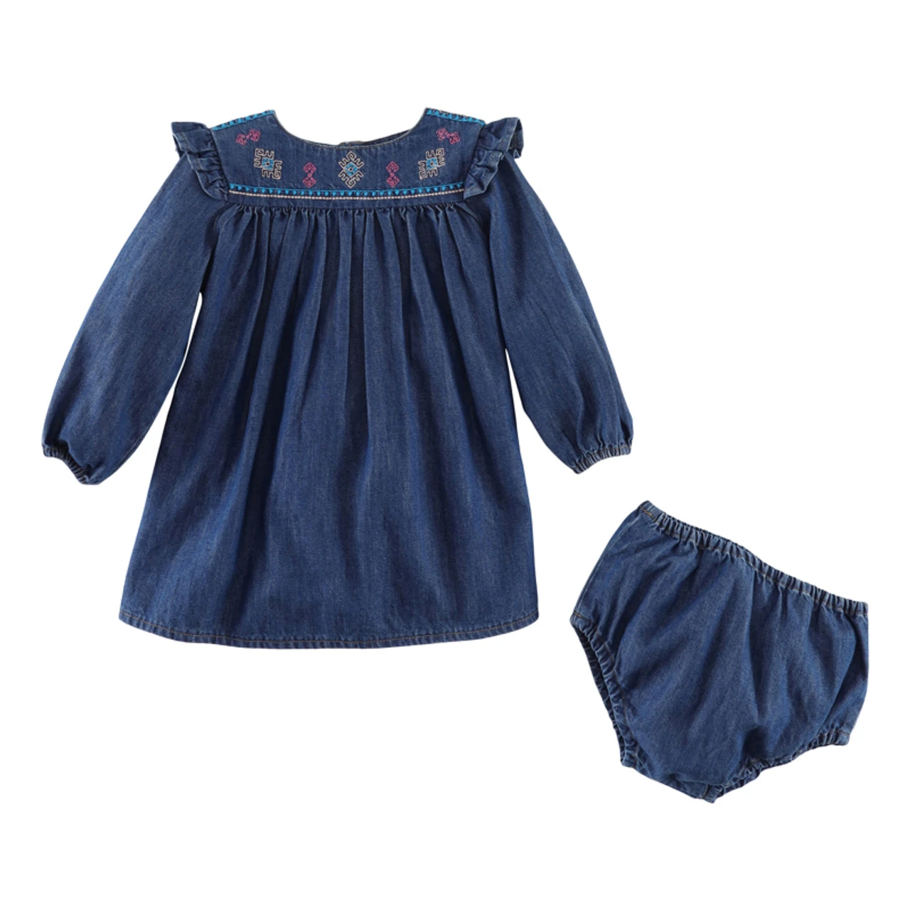 Wrangler Infant Girl's Aztec Collar Print Peasant Ruffle Dress In Dark Denim 3 Wrangler Infant Girl's Aztec Collar Print Peasant Ruffle Dress In Dark Denim