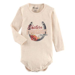 Wrangler Infant Girl's Western Sweetheart Horseshoe Graphic Long Sleeve Onesie In Oatmeal Heather
