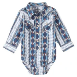 Wrangler Infant Boy's Long Sleeve Western Snap Bodysuit In Multi Blue Aztec Print