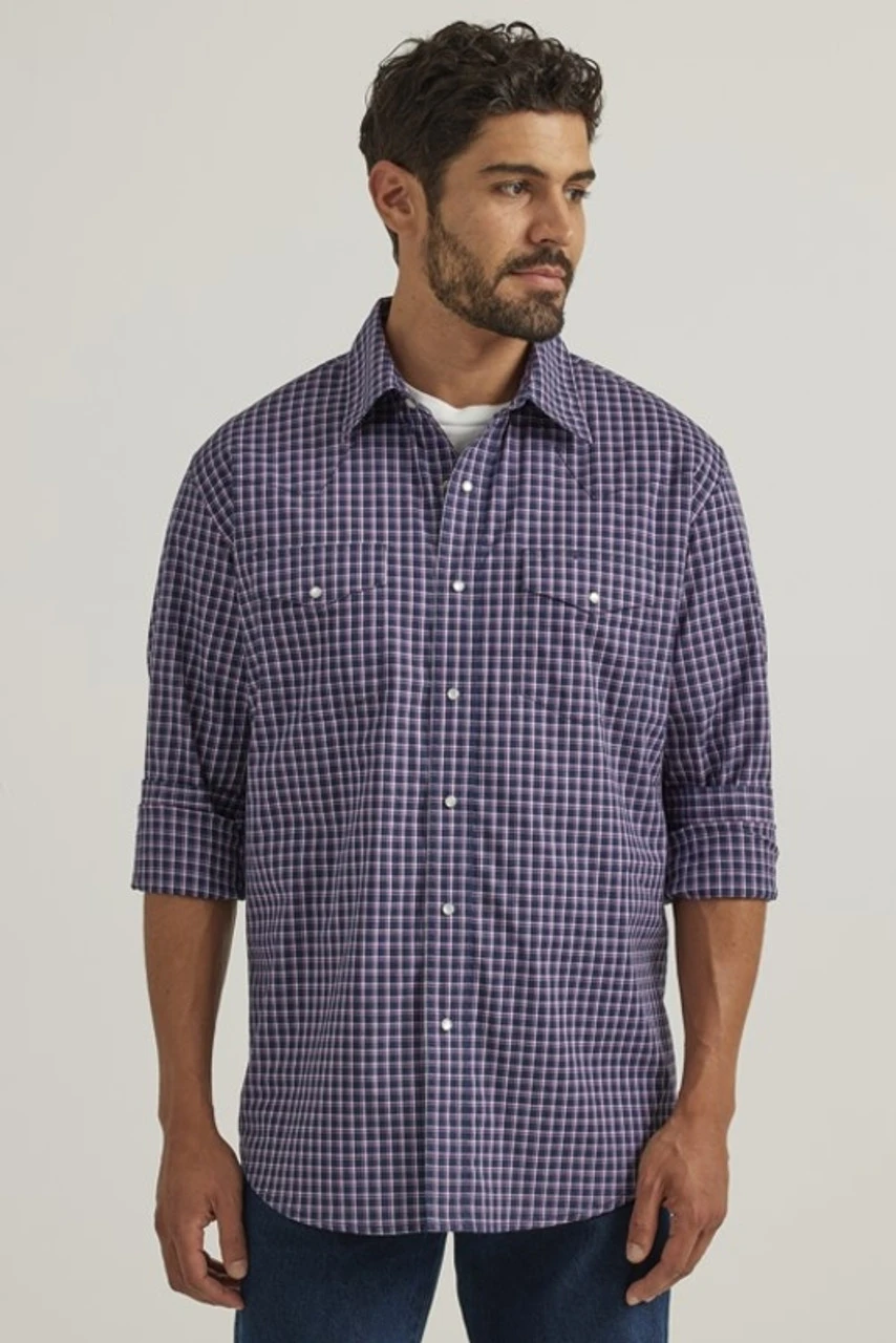 Wrangler Mens Long Sleeve Navy Plaid Wrinkle Resistant Shirt 3 Wrangler Mens Long Sleeve Navy Plaid Wrinkle Resistant Shirt