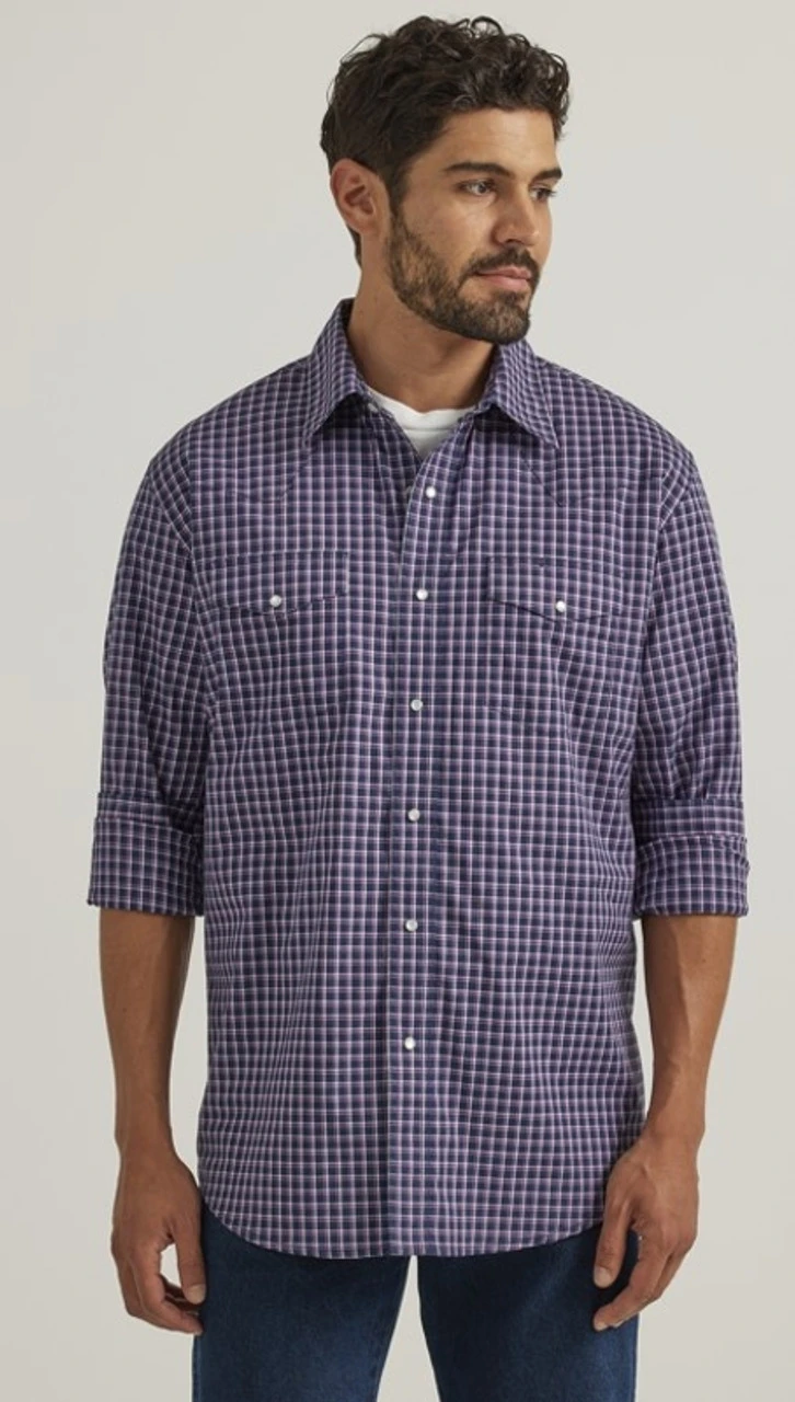 Wrangler Mens Retro Long Sleeve Blue Plaid Shirt 4 Wrangler Mens Retro Long Sleeve Blue Plaid Shirt - Image 2