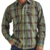 Wrangler Mens Green Plaid Retro Premium Long Sleeve Shirt -Wrangler Store P2782420 3 12514.1697129858