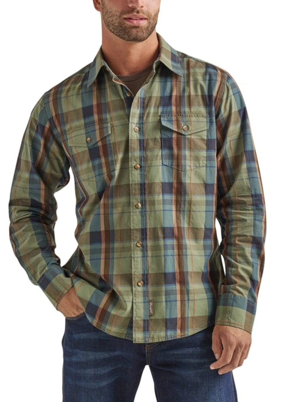 Wrangler Mens Green Plaid Retro Premium Long Sleeve Shirt 3 Wrangler Mens Green Plaid Retro Premium Long Sleeve Shirt