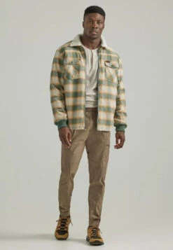 Wrangler Mens ATG Sherpa Lined Flannel Shirt Jacket In Cactus