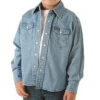Wrangler - Boy's Western Long Sleeve Solid Snap Shirt - Denim -Wrangler Store P840390 01273.1673537449