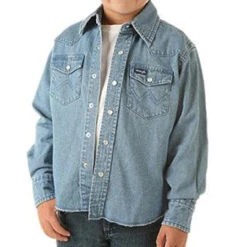 Wrangler - Boy's Western Long Sleeve Solid Snap Shirt - Denim