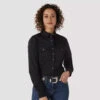 WRANGLER WOMENS SOLID SNAP SHIRT - BLACK -Wrangler Store f0a5da10a375cd4ad6d2c3127a61daea