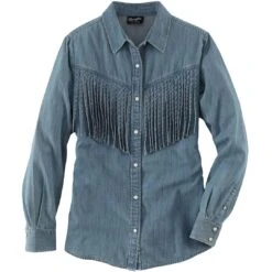Wrangler Women's Fringe Front Denim Snap Shirt -Wrangler Store img12299 wrangler women s fringe front denim snap shirt