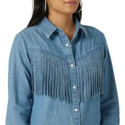 Wrangler Women's Fringe Front Denim Snap Shirt -Wrangler Store img57923 wrangler women s fringe front denim snap shirt