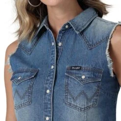 Wrangler Women's Retro Sleeveless Frayed Cropped Denim Shirt -Wrangler Store img77718 wrangler women s retro sleeveless frayed cropped denim shirt