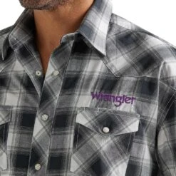 Wrangler Men's Logo Ombre Plaid Snap Shirt -Wrangler Store img78464 wrangler men s logo ombre plaid snap shirt