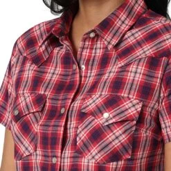 Wrangler Women's Essential Short Sleeve Plaid Snap Shirt -Wrangler Store img94222 wrangler women s essential short sleeve plaid snap shirt