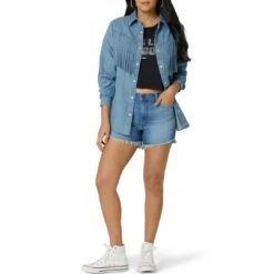 Wrangler Women's Fringe Front Denim Snap Shirt -Wrangler Store wrangler women s fringe front denim snap shirt
